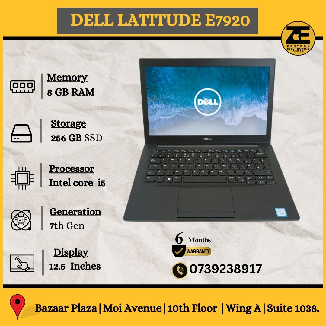 Dell Latitude E7920 laptop with a black keyboard and a display showing the Dell logo, specifications such as memory, storage, processor, and display size are listed.